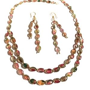 18K Gold Beryl Gemstone Necklace Dangle Earrings